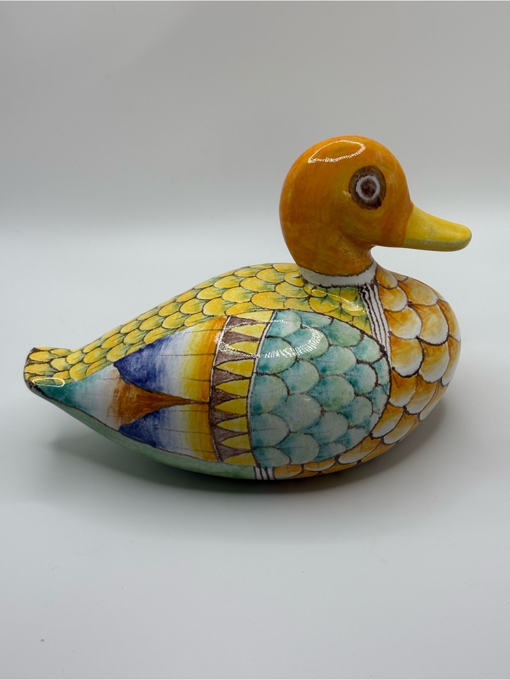 VTG Hand-Painted Italian Earthenware pottery Duck Figure Yellow, Blue 6”X8.5”